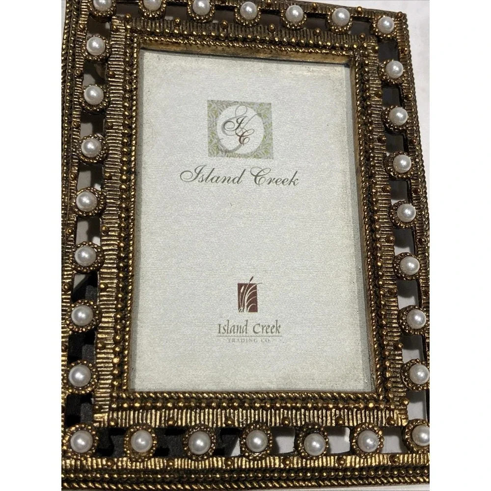 Island Creek Pearl Embellished Reticulated Gold Tone Metal Picture Frame 2x3